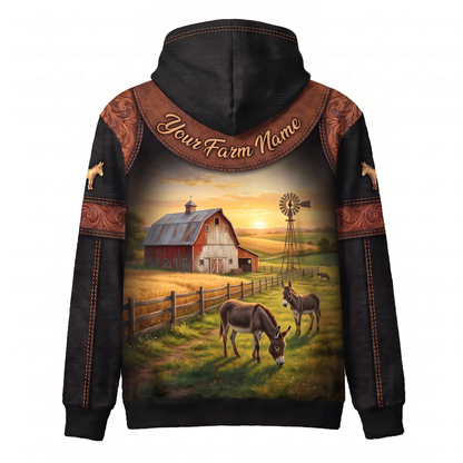 3D Print Donkey Ranch Hoodie (Faux Leather Design) - Custom Farm Name & Personalized Name Western Style Hoodie