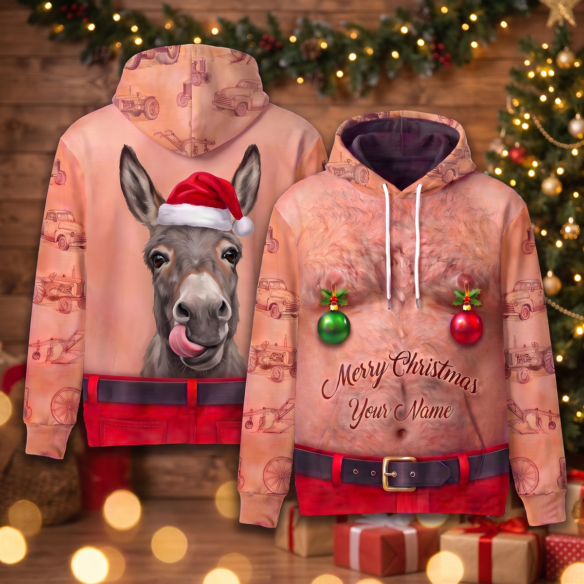 Funny Santa Donkey Hairy Belly Hoodie - Custom Name Farm Animal Christmas Hoodie