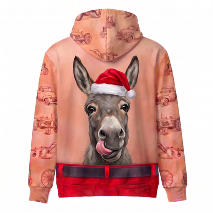 Funny Santa Donkey Hairy Belly Hoodie - Custom Name Farm Animal Christmas Hoodie