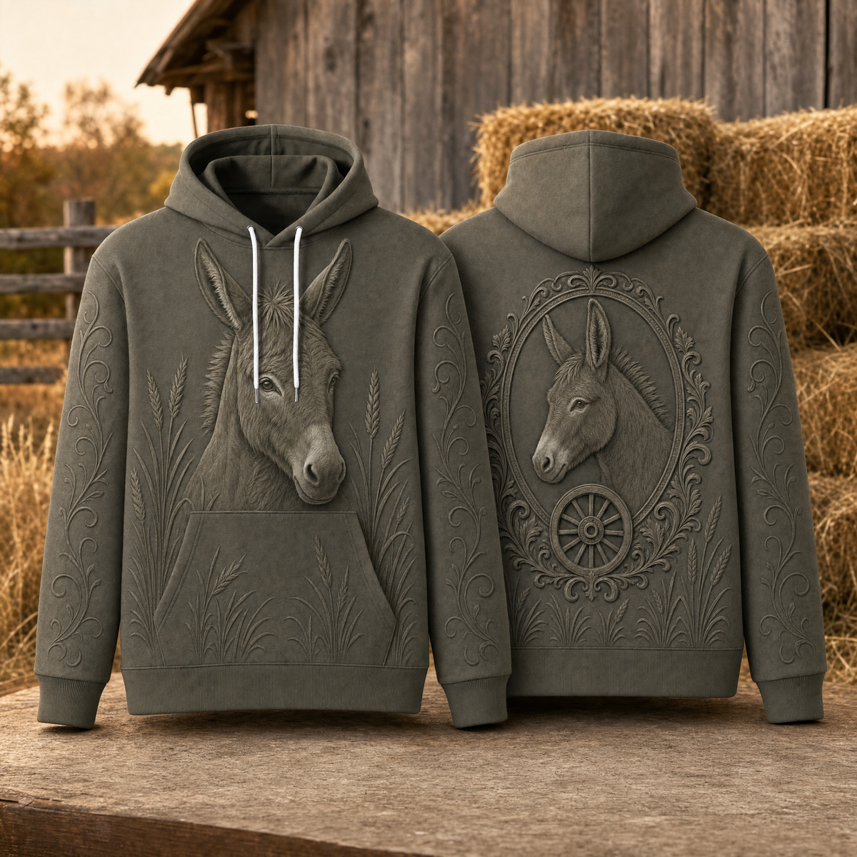 Donkey Hoodie – Rustic Farm 3D Effect All-Over Print Unisex Pullover, Olive Green, Donkey Lover Gift