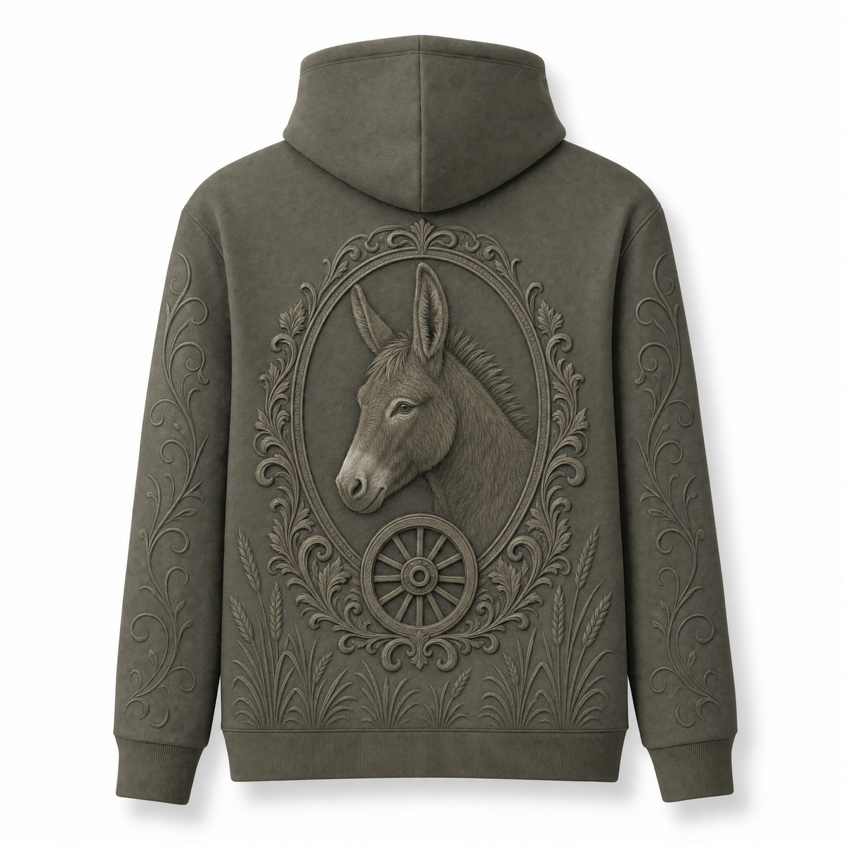 Donkey Hoodie – Rustic Farm 3D Effect All-Over Print Unisex Pullover, Olive Green, Donkey Lover Gift