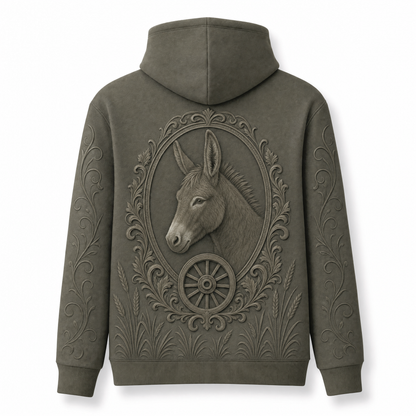 Donkey Hoodie – Rustic Farm 3D Effect All-Over Print Unisex Pullover, Olive Green, Donkey Lover Gift