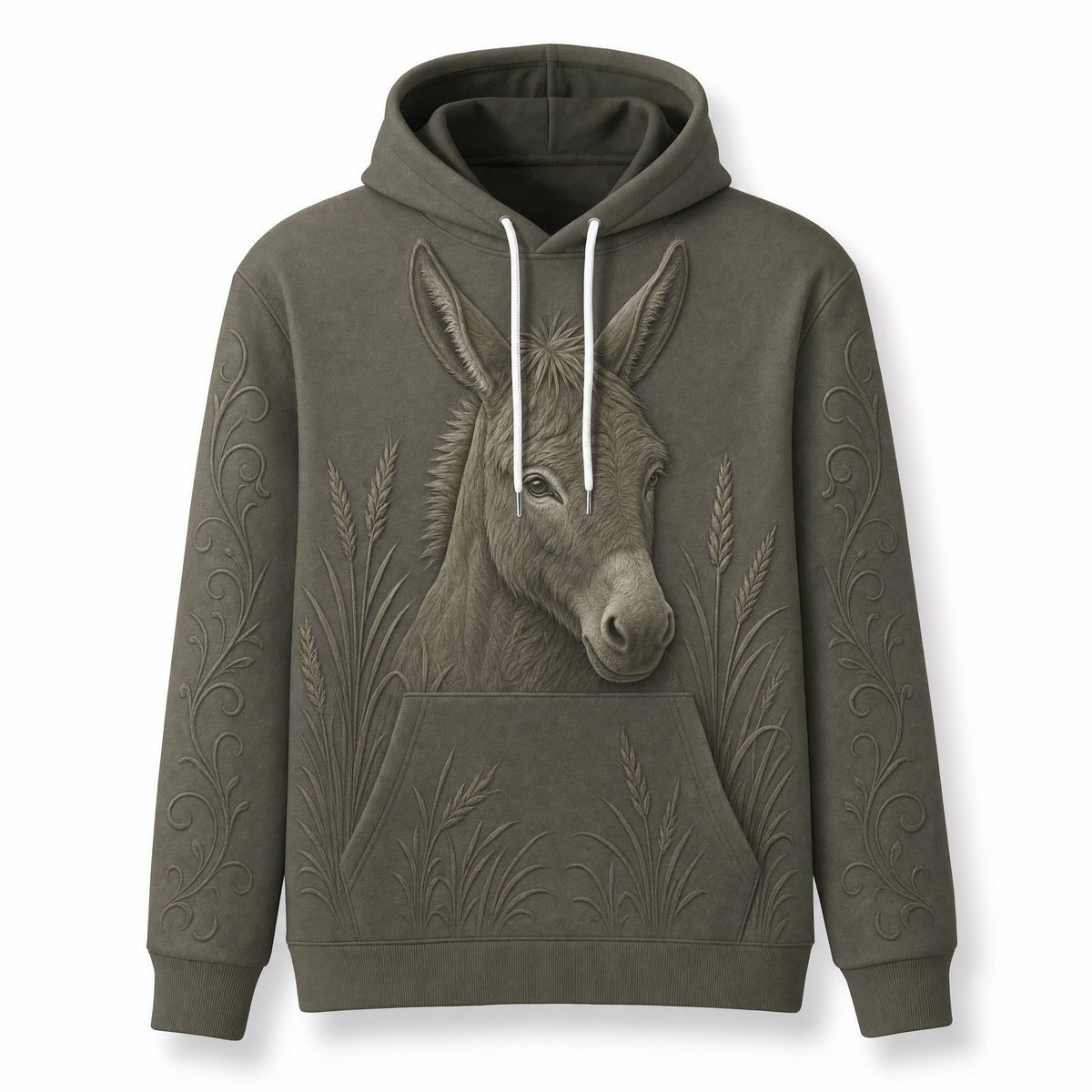 Donkey Hoodie – Rustic Farm 3D Effect All-Over Print Unisex Pullover, Olive Green, Donkey Lover Gift