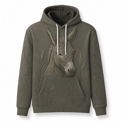 Donkey Hoodie – Rustic Farm 3D Effect All-Over Print Unisex Pullover, Olive Green, Donkey Lover Gift