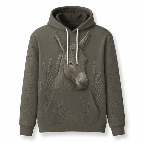 Donkey Hoodie – Rustic Farm 3D Effect All-Over Print Unisex Pullover, Olive Green, Donkey Lover Gift