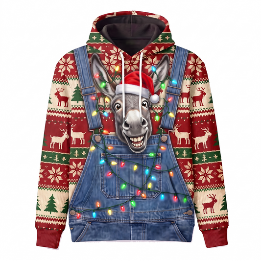 Funny Donkey Christmas Hoodie - Santa Donkey Overalls Ugly Christmas Sweater Style