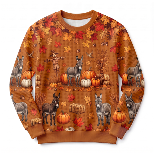 Donkey Harvest Waffle-Knit Crewneck Sweatshirt – Autumn Pumpkin Patch All-Over Print, Farm Donkey Fall Sweater, Women