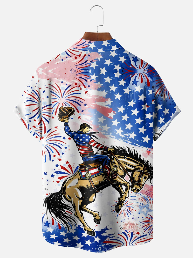Patriotic Cowboy Hawaiian Shirt for Men, 4th of July American Flag Rodeo Horse Print, Western Gift