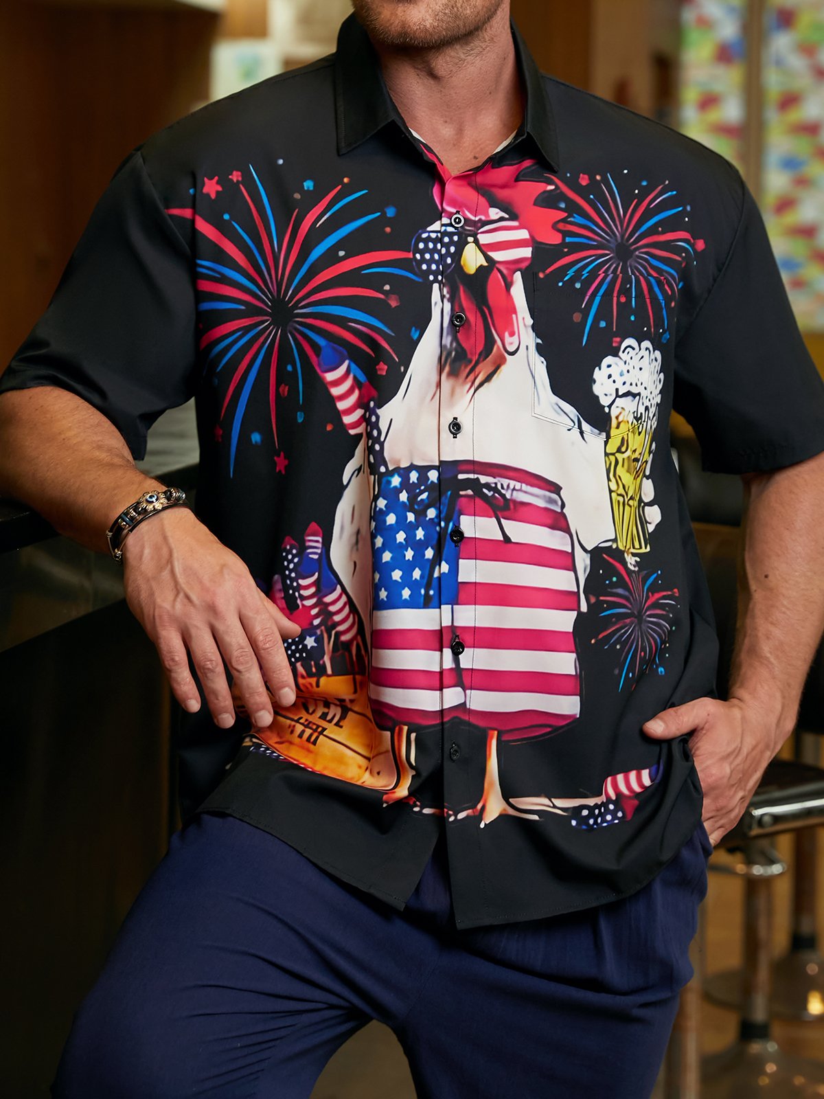 Men's Hawaiian Shirt - Patriotic Rooster American Flag Firework Beer Print Short Sleeve Button Up 4th of July Top for Dad Gift