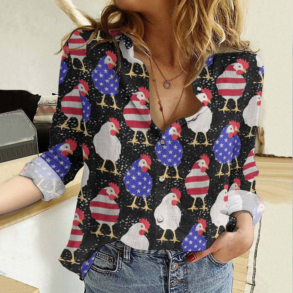 Women's Casual Shirt Patriotic Chicken American Flag Button Up – Long Sleeve Black Blouse