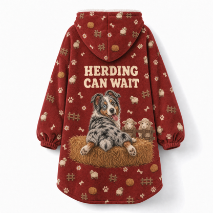 Farm Dog Off Duty Australian Shepherd Hoodie Blanket – Herding Can Wait, Sherpa Lined, Adult & Kids
