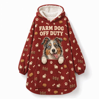 Farm Dog Off Duty Australian Shepherd Hoodie Blanket – Herding Can Wait, Sherpa Lined, Adult & Kids