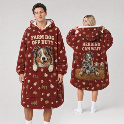 Farm Dog Off Duty Australian Shepherd Hoodie Blanket – Herding Can Wait, Sherpa Lined, Adult & Kids