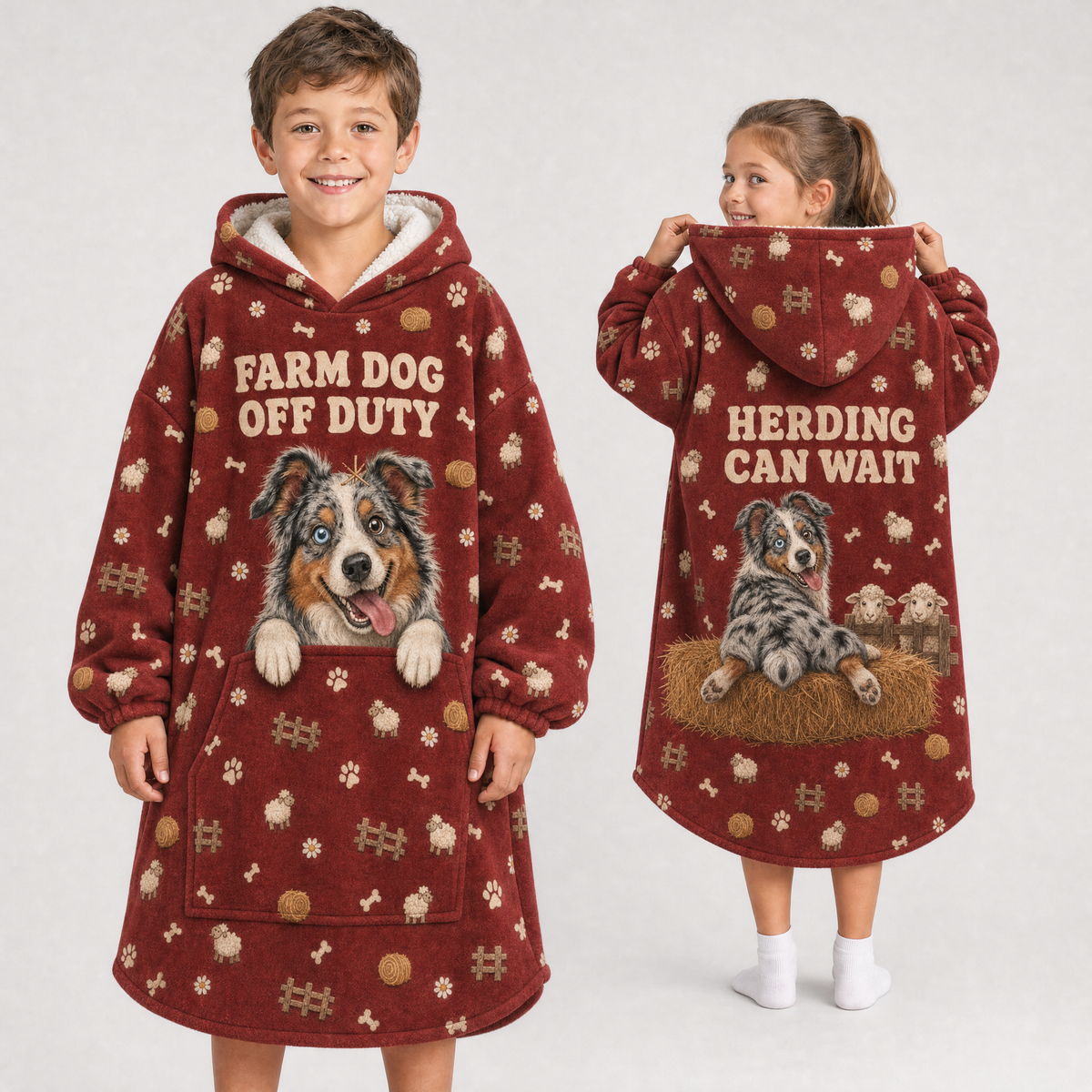 Farm Dog Off Duty Australian Shepherd Hoodie Blanket – Herding Can Wait, Sherpa Lined, Adult & Kids