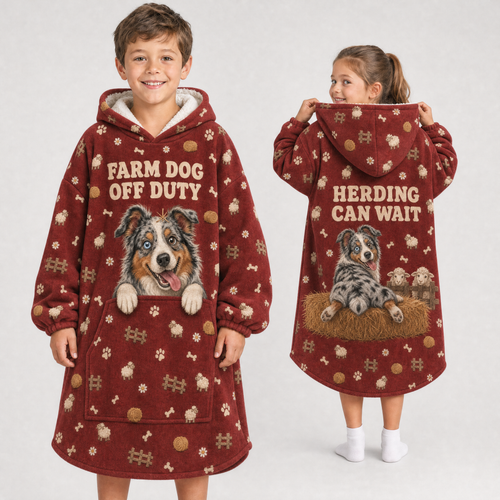 Farm Dog Off Duty Australian Shepherd Hoodie Blanket – Herding Can Wait, Sherpa Lined, Adult & Kids