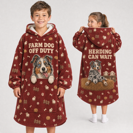 Farm Dog Off Duty Australian Shepherd Hoodie Blanket – Herding Can Wait, Sherpa Lined, Adult & Kids