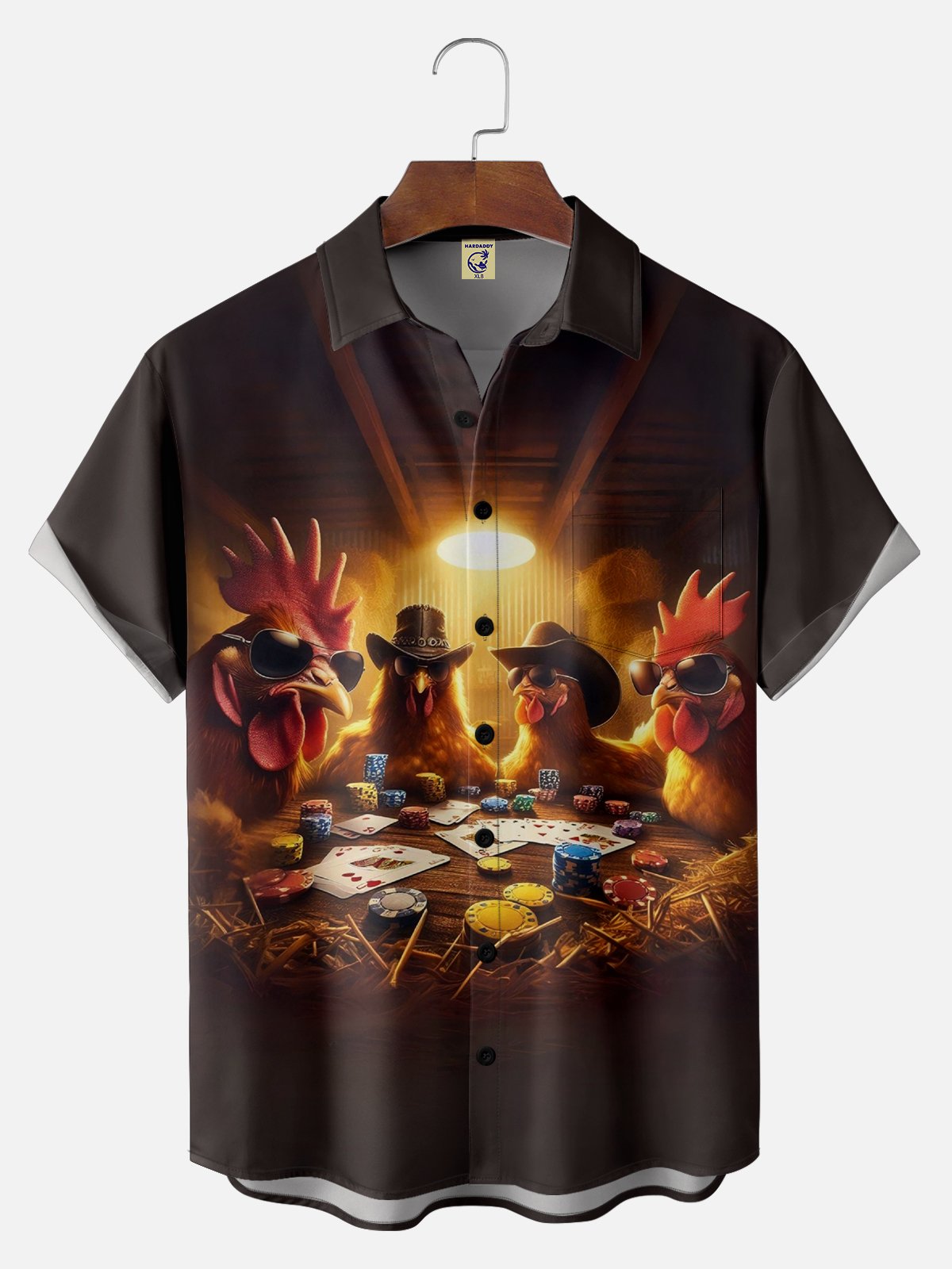 Rooster Poker Chip Farm Chest Pocket Casual Hawaiian Shirt