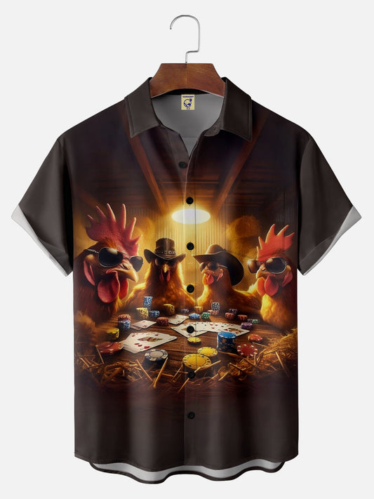 Rooster Poker Chip Farm Chest Pocket Casual Hawaiian Shirt