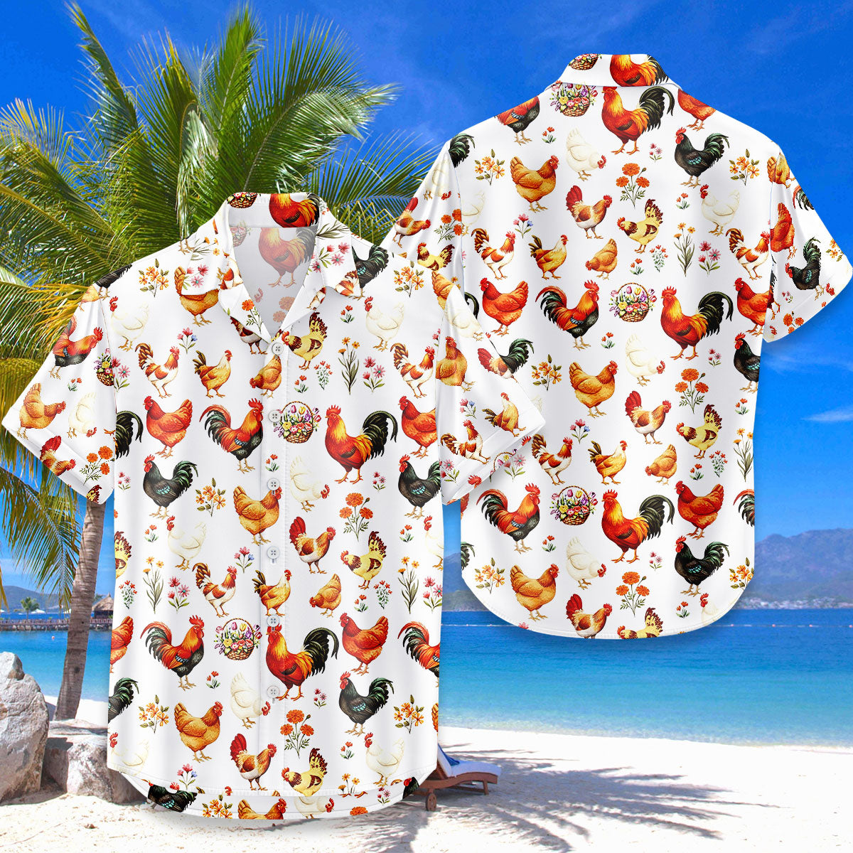 Chicken & Rooster Floral Hawaiian Shirt – White Aloha Button Up