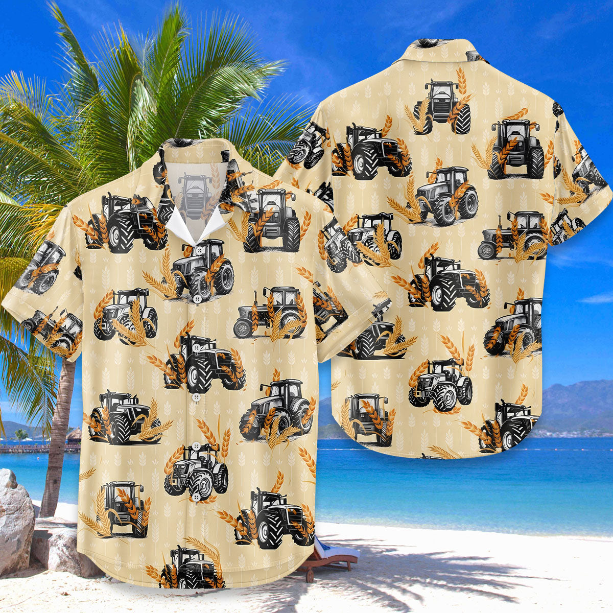 Tractor Hawaiian Shirt – Modern Farm Tractor Wheat Pattern Aloha Button Down | Gift For Farmers Dad Men