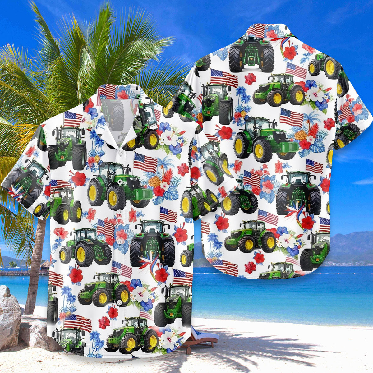 Patriotic Tractor Hawaiian Shirt – American Flag Green Farm Tractor Tropical Aloha | 4th of July Farmer Gift Men Women