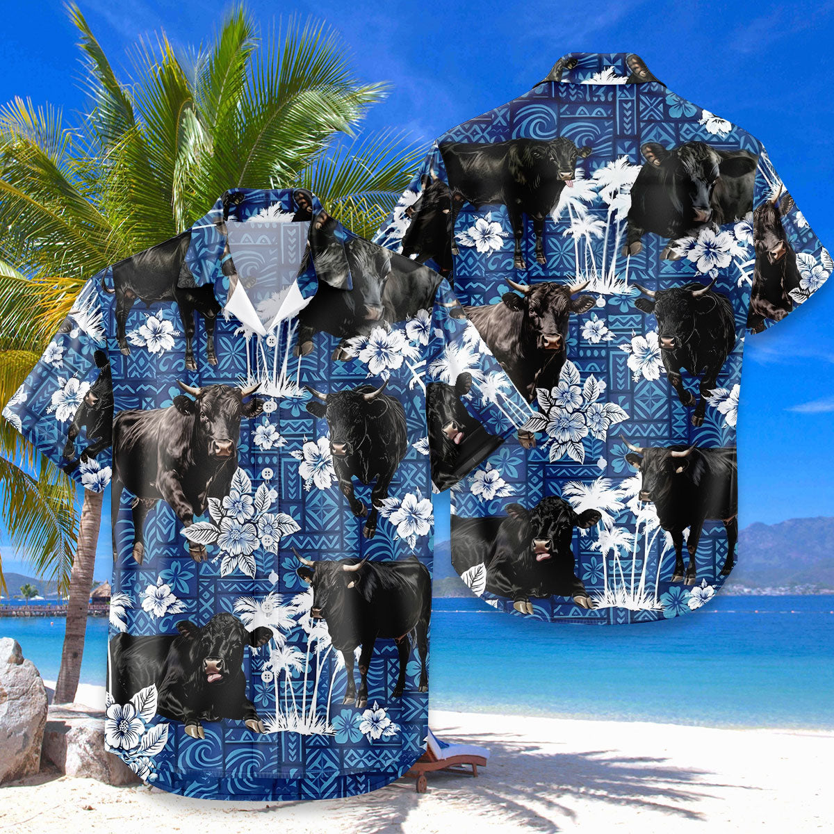 Black Angus Hawaiian Shirt – Blue Tribal Tiki Hibiscus Cattle Aloha Button Down | Cow Farmer Gift Men Women