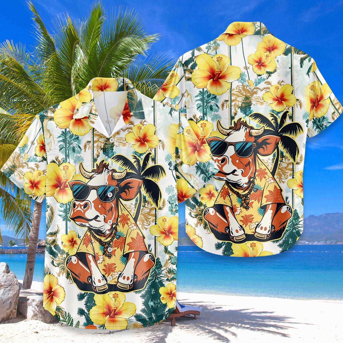 Funny Cow Hawaiian Shirt – Cool Cow Wearing Sunglasses Tropical Hibiscus Aloha | Cute Cow Lover Gift Men Women