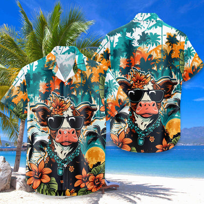 Funny Highland Cow Hawaiian Shirt – Cool Cow Sunglasses Retro Tropical Aloha | Cute Cow Lover Gift Men Women
