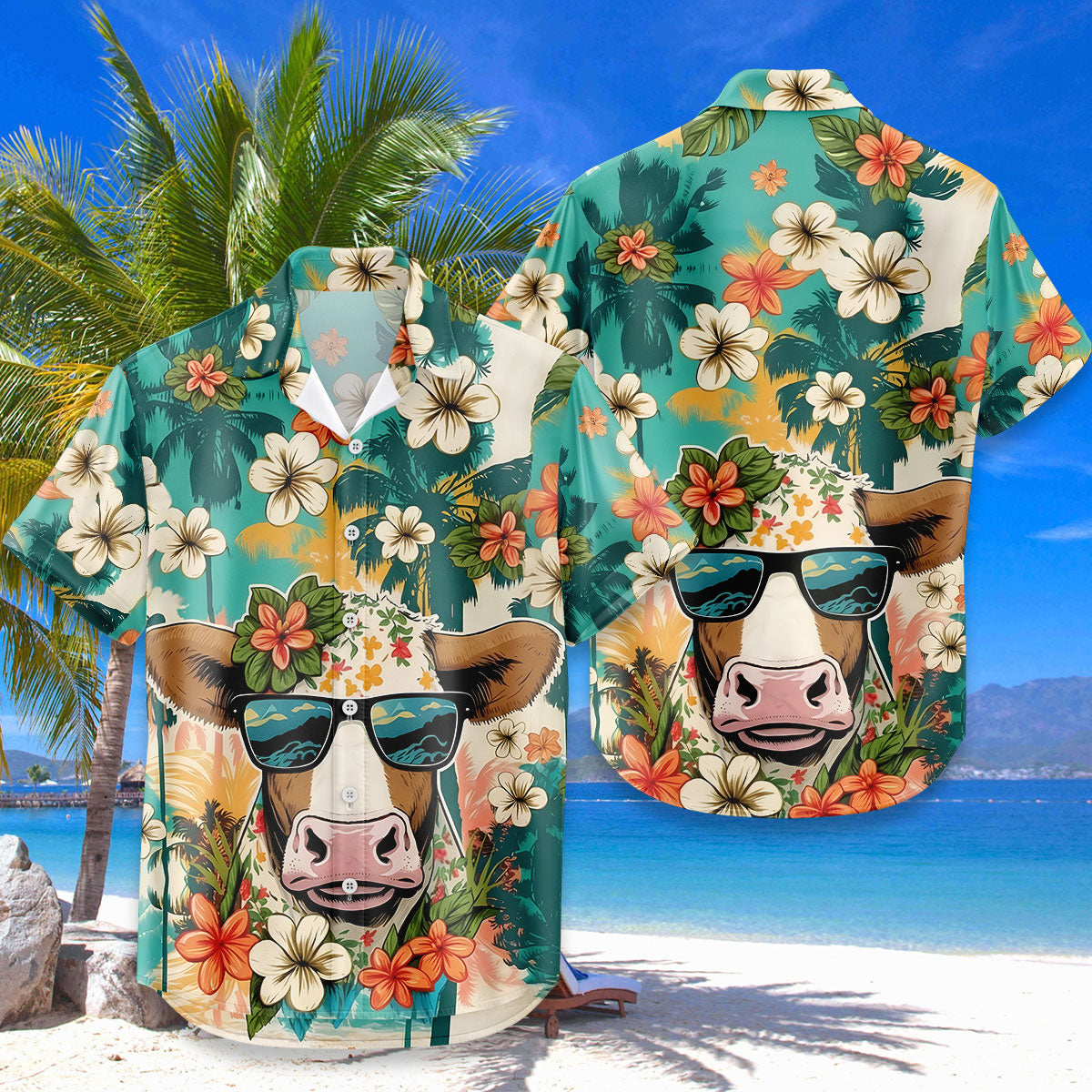 Cute Cow Hawaiian Shirt – Smiling Cow Sunglasses Tropical Floral Aloha | Funny Cow Lover Gift Men Women