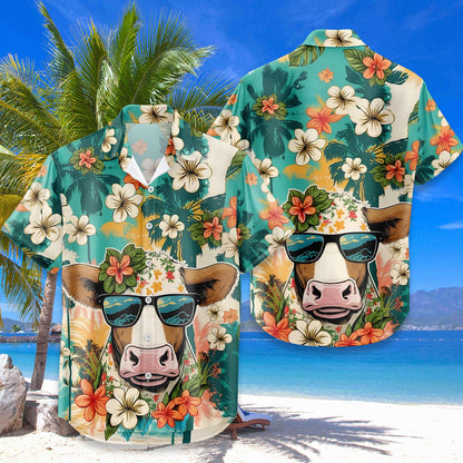 Cute Cow Hawaiian Shirt – Smiling Cow Sunglasses Tropical Floral Aloha | Funny Cow Lover Gift Men Women