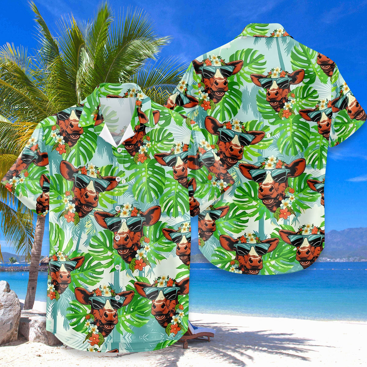 Funny Cow Hawaiian Shirt – Smiling Cow Sunglasses Monstera Tropical Aloha | Cow Lover Gift Men Women