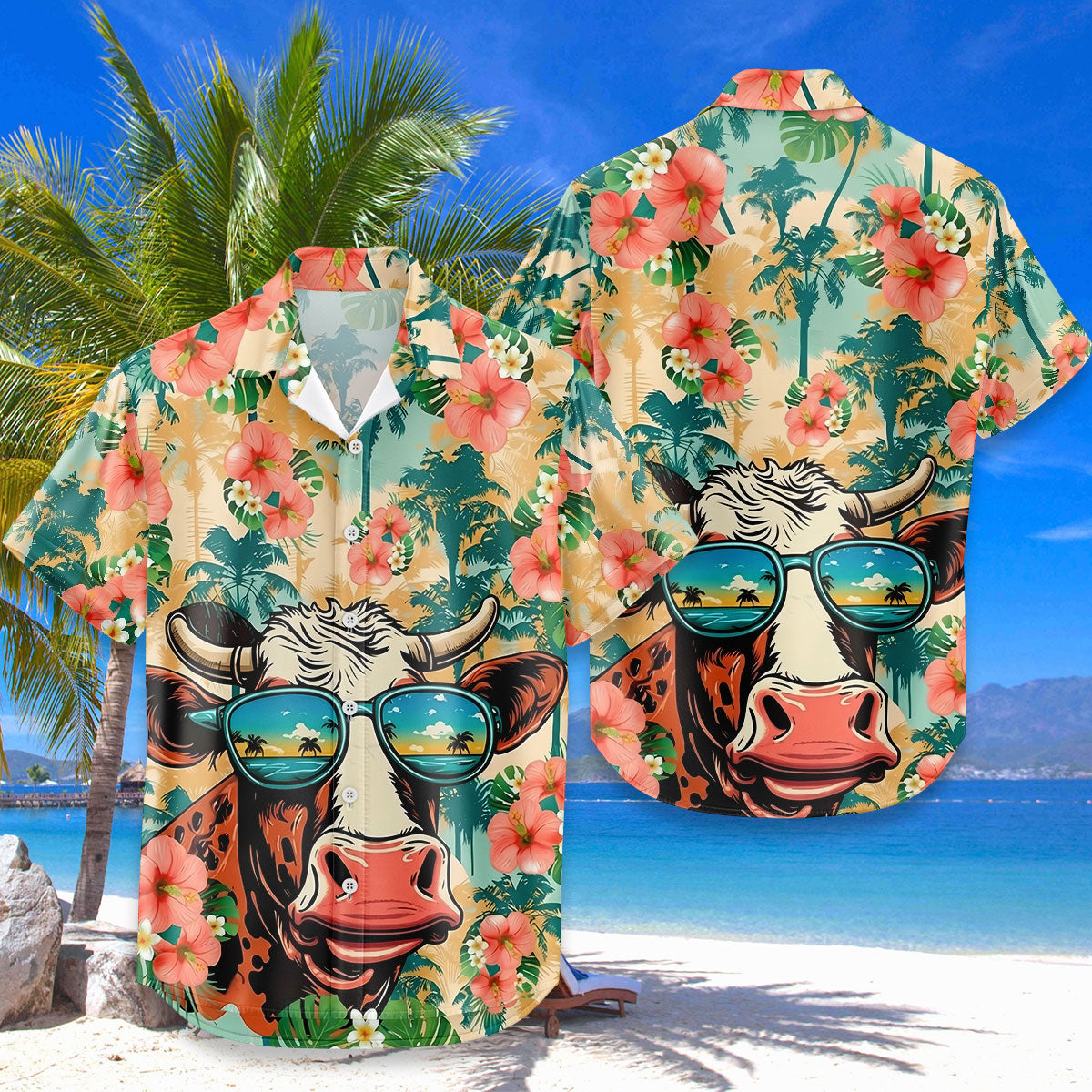 Highland Cow Hawaiian Shirt – Cool Cow Beach Reflection Sunglasses Tropical Hibiscus Aloha | Funny Cow Gift Men Women
