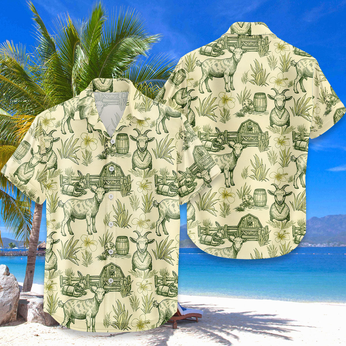 Goat Farm Hawaiian Shirt – Vintage Sketch Farm Scene Aloha Button Down | Goat Lover Gift