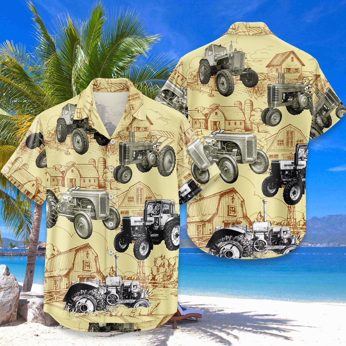 Vintage Farm Tractor Hawaiian Shirt – Retro Farm Scene Barn Tractor All Over Print Aloha | Farmer Dad Gift