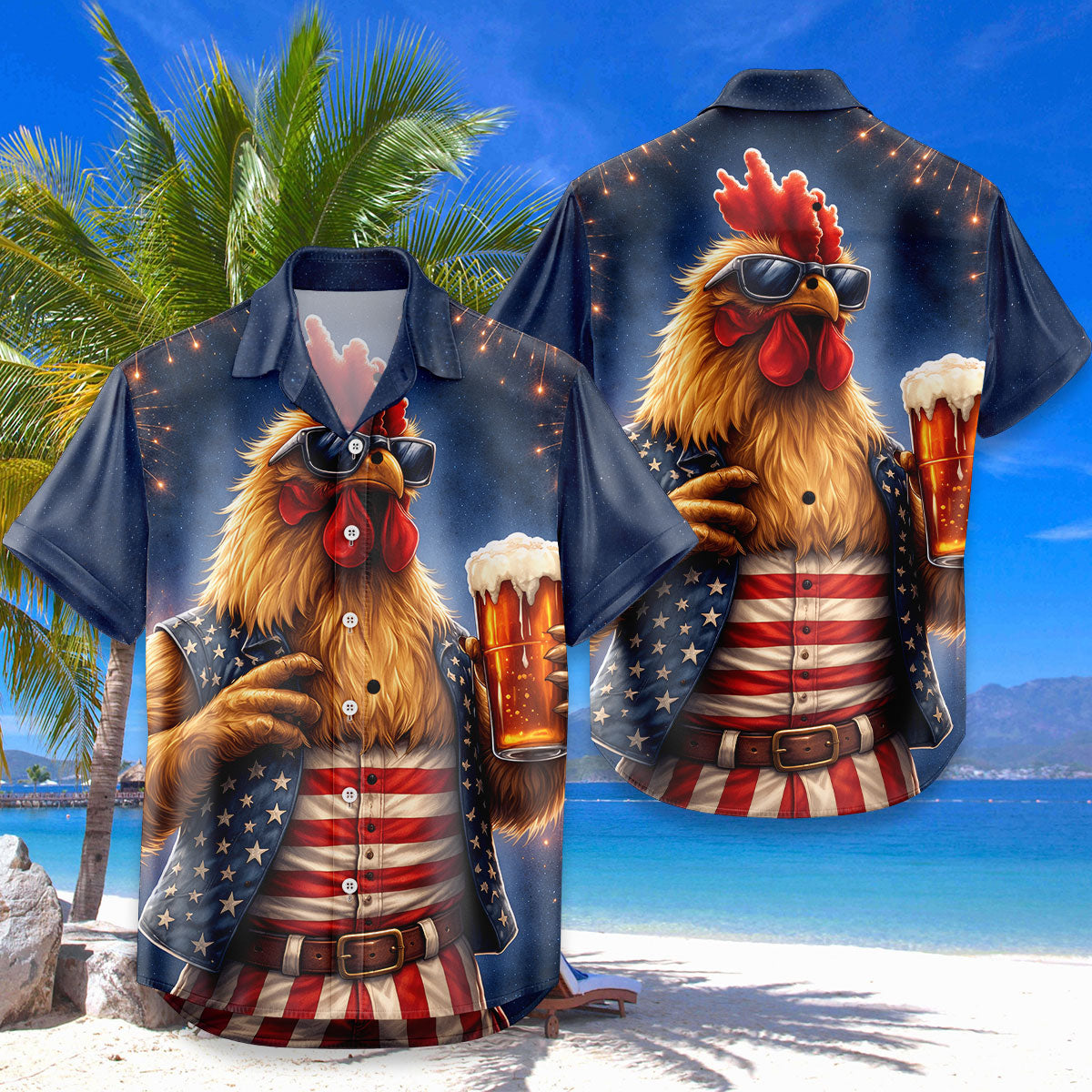 Rooster Beer Hawaiian Shirt – Patriotic Rooster Drinking Beer American Flag Aloha | 4th of July Gift For Men