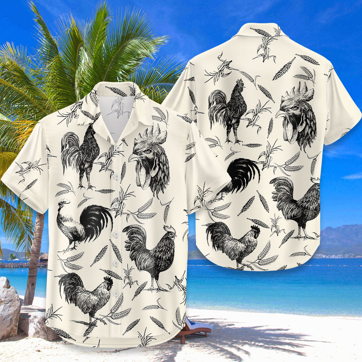 Rooster Hawaiian Shirt – Black White Vintage Sketch Chicken Farm Aloha | Rooster Lover Gift