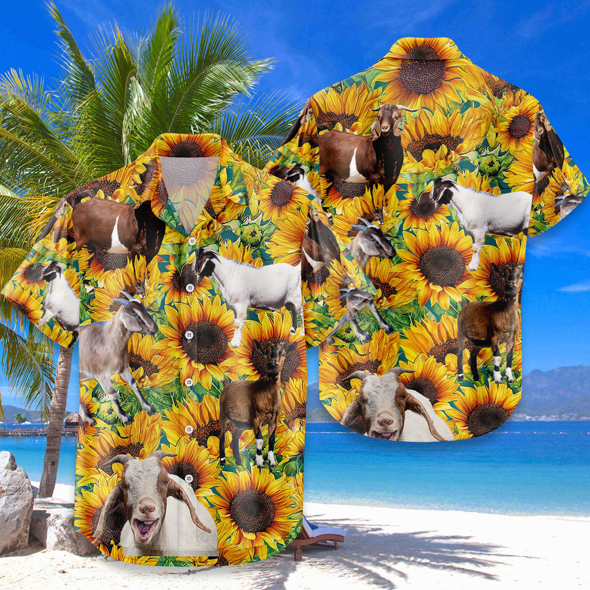 Goat Sunflower Hawaiian Shirt – Funny Goat Sunflower Field Aloha Button Down | Goat Mom Gift