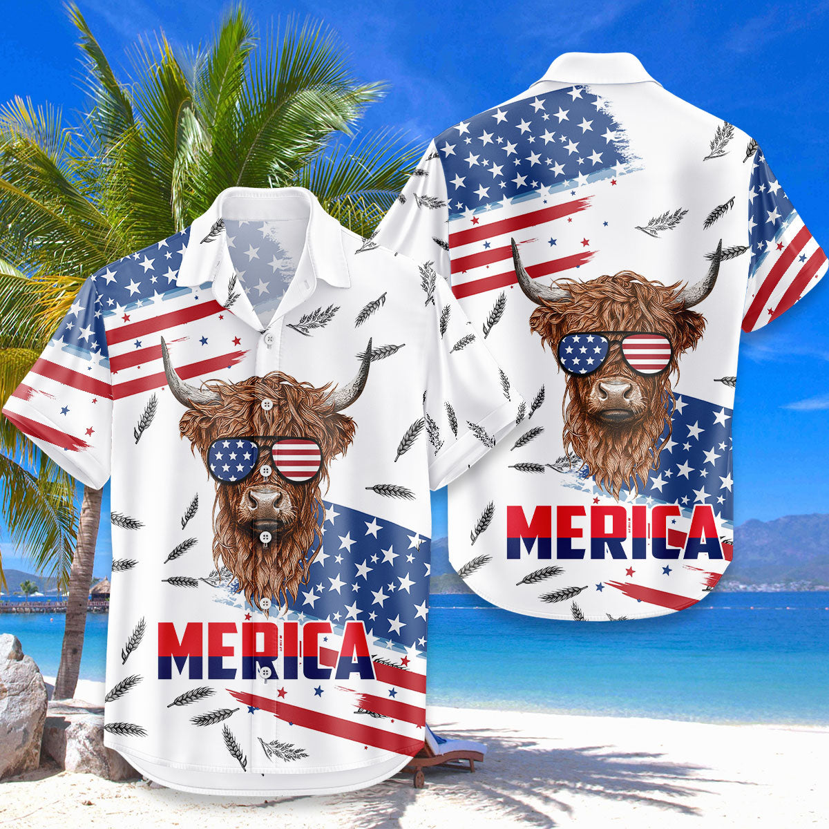 Merica Highland Cow Hawaiian Shirt – Patriotic Highland Cow Sunglasses American Flag Aloha | 4th of July Gift