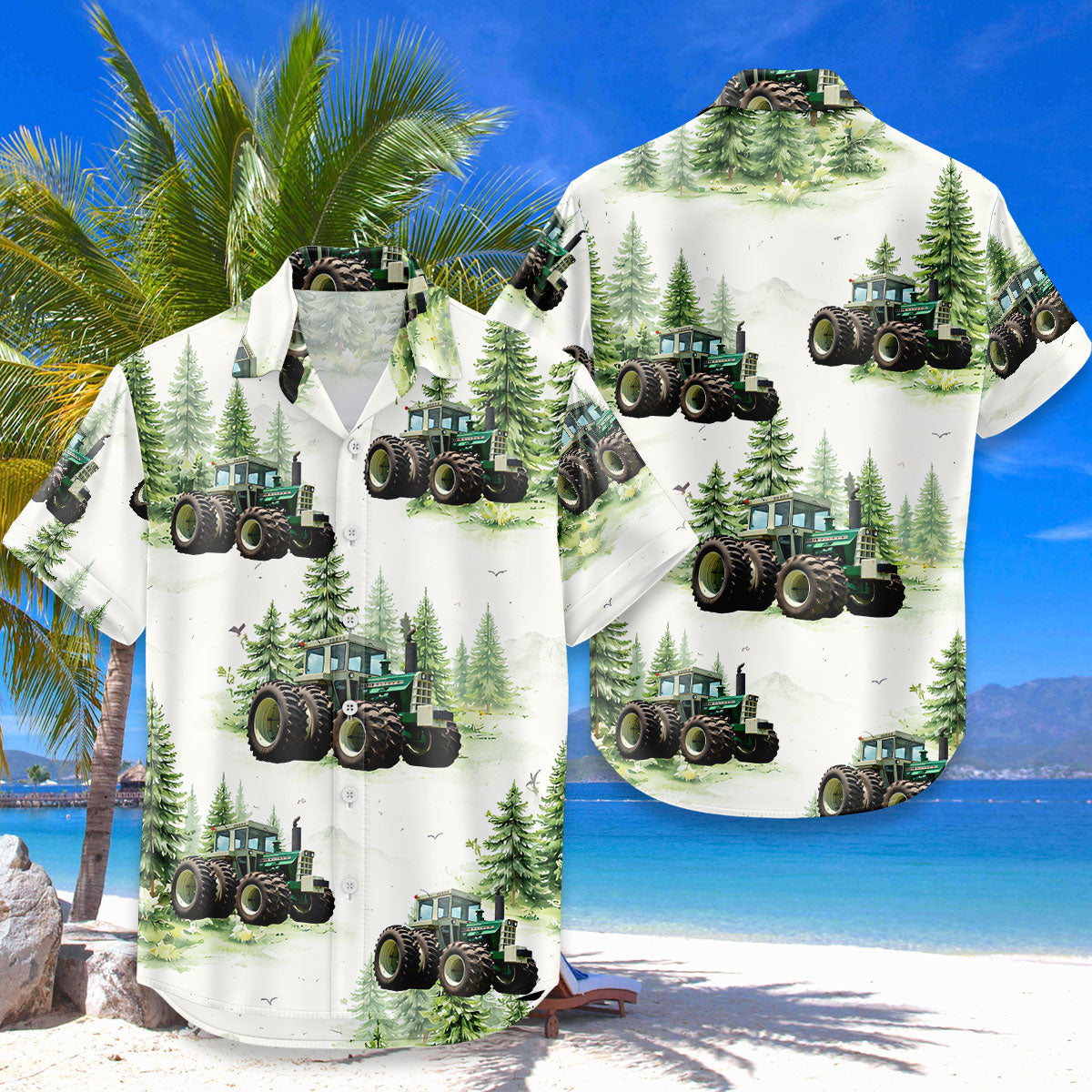 Green Tractor Hawaiian Shirt – Watercolor Pine Forest Farm Aloha Button Down | Tractor Lover Gift Men Women