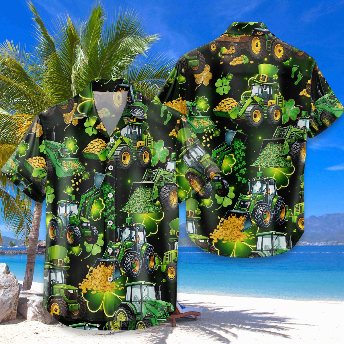 St Patrick's Day Tractor Hawaiian Shirt – Lucky Shamrock Green Farm Tractor Gold Coins Aloha | Funny Irish Farmer Gift Men Women