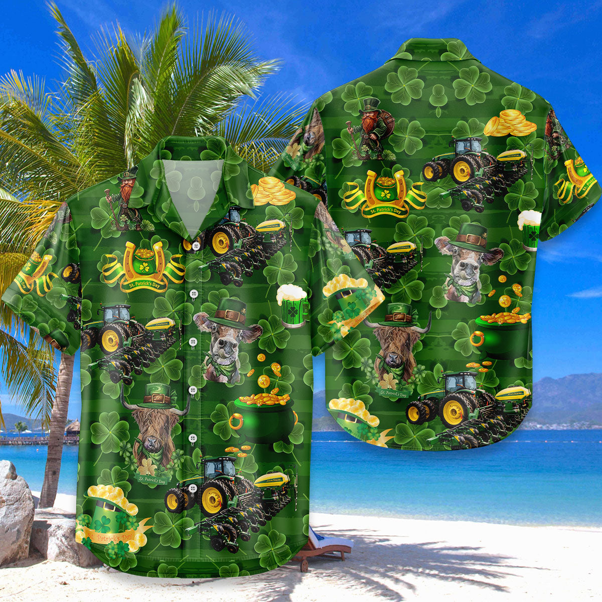St Patrick's Day Hawaiian Shirt – Lucky Highland Cow Green Tractor Leprechaun Aloha | Irish Farmer Gift Men Women