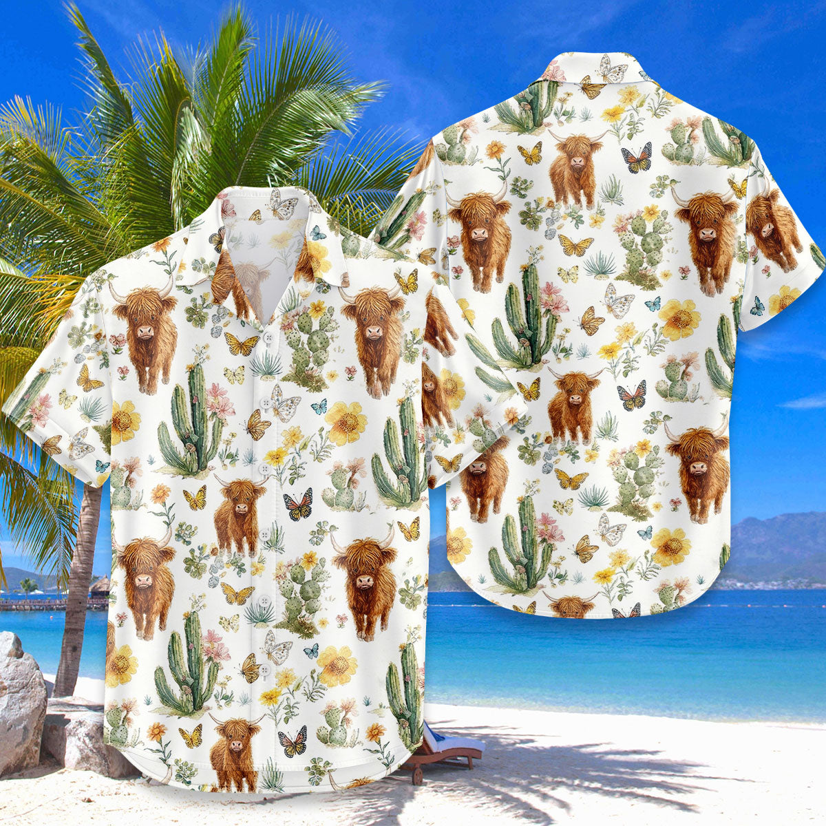 Highland Cow Hawaiian Shirt – Boho Cactus Wildflower Butterfly Aloha Button Down | Cute Cow Lover Gift Women Men