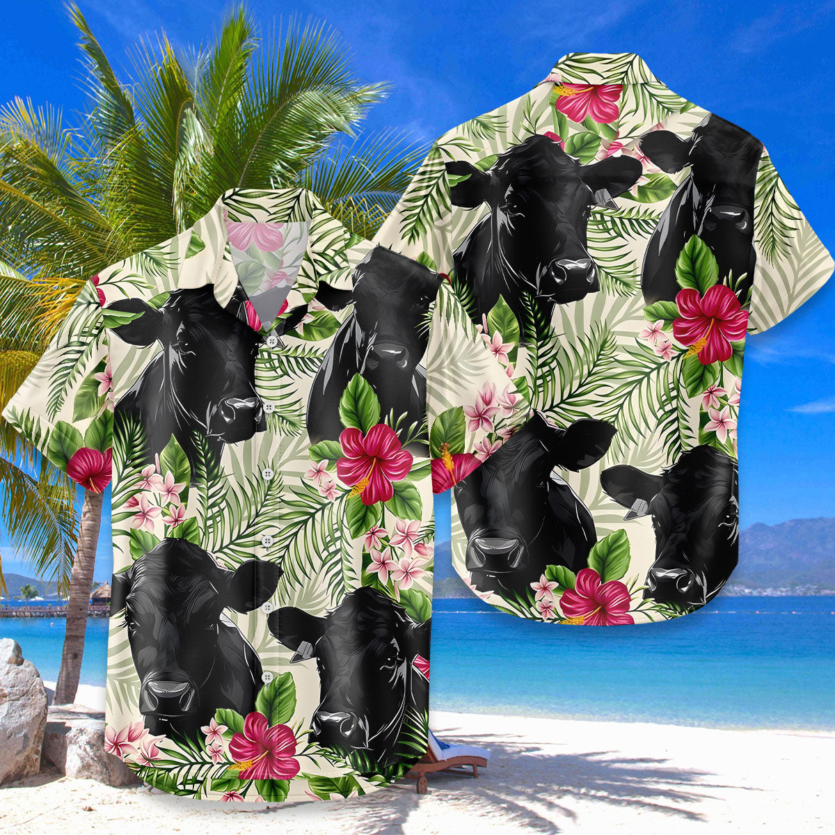 Black Angus Hawaiian Shirt – Tropical Hibiscus Palm Leaves Cattle Aloha Button Down | Cow Farmer Gift Men Women