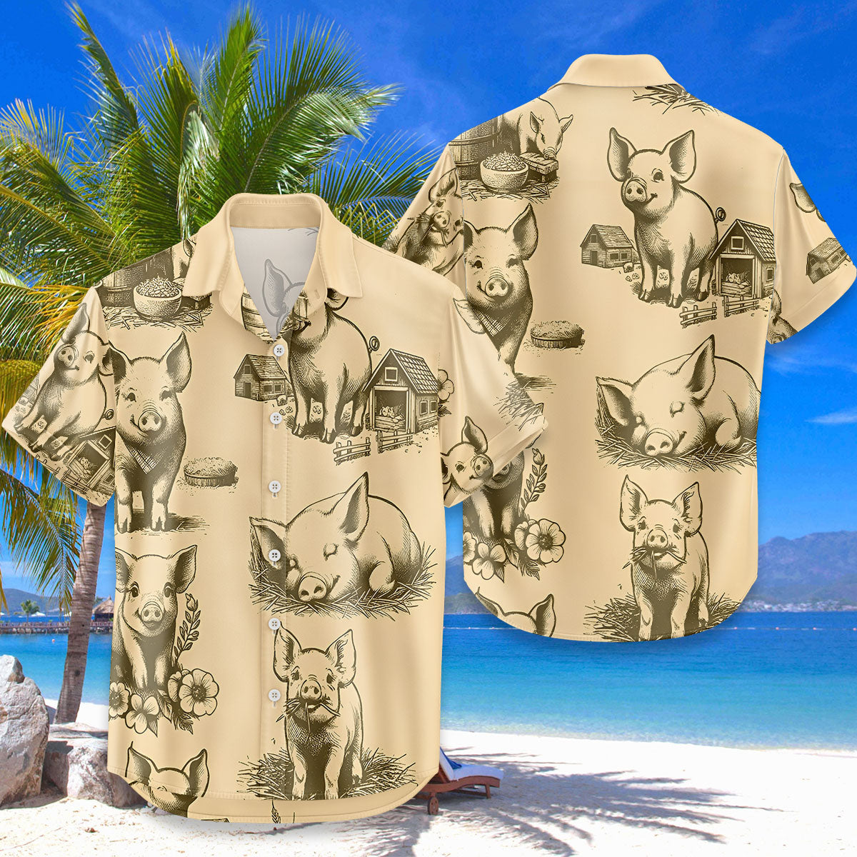 Pig Hawaiian Shirt – Cute Vintage Farm Pig Sketch Aloha Button Down | Funny Pig Lover Gift Men Women