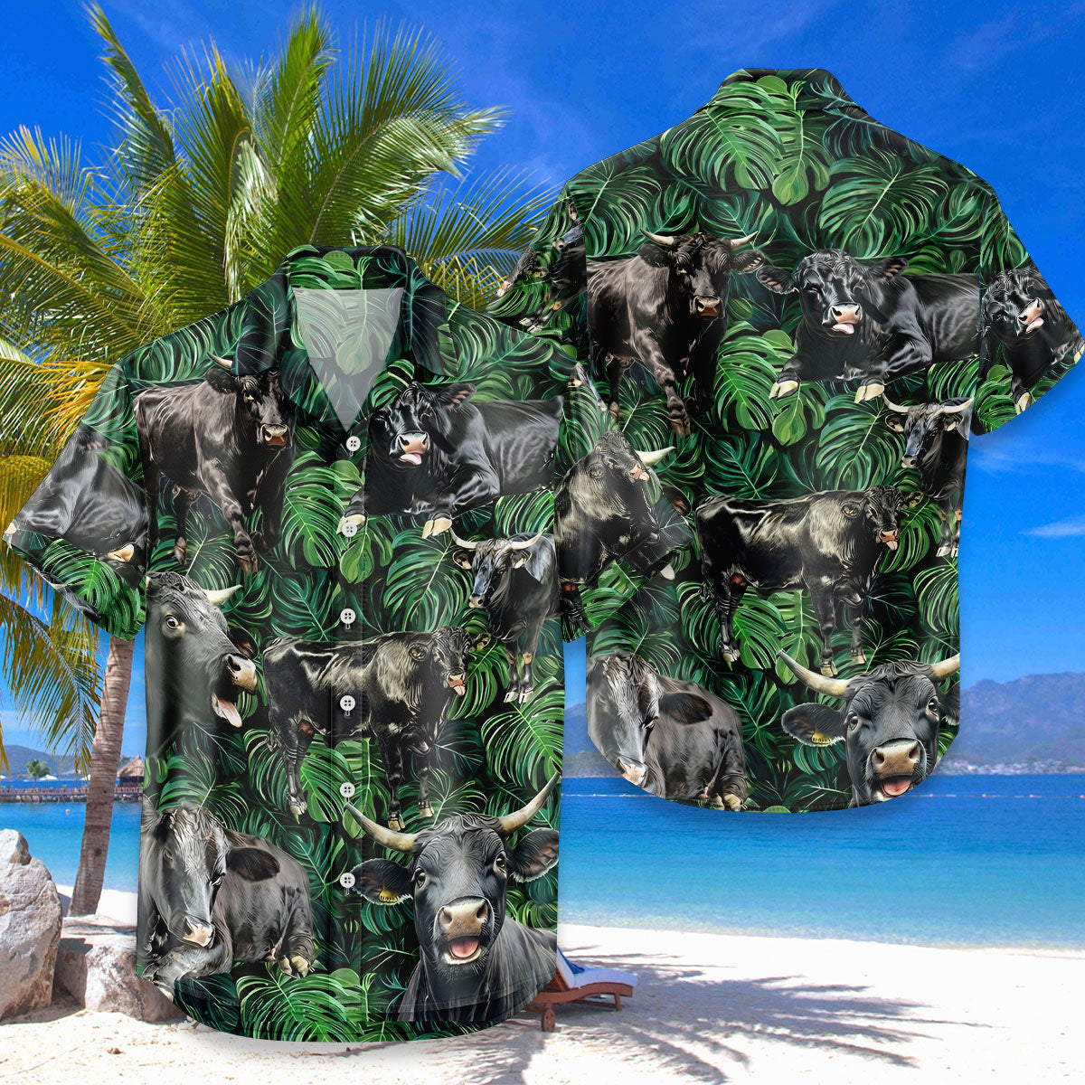 Black Angus Hawaiian Shirt – Dark Tropical Monstera Jungle Cattle Aloha Button Down | Cattle Rancher Gift Men Women