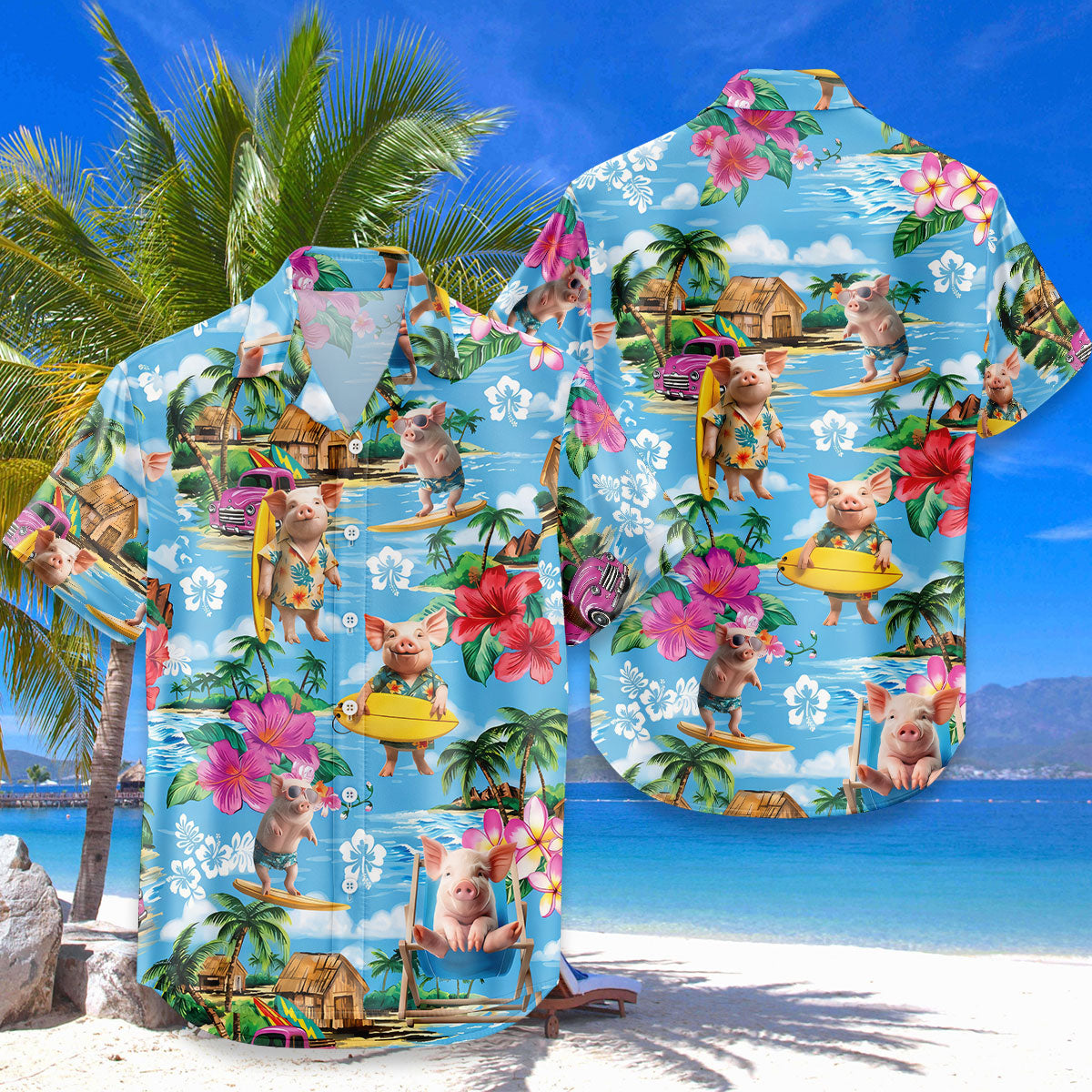 Funny Pig Hawaiian Shirt – Surfing Pig Beach Tropical Aloha Button Down | Cute Pig Lover Gift Men Women