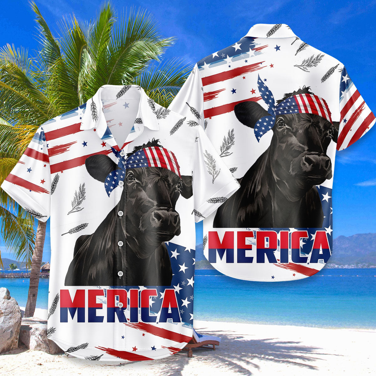 Patriotic Black Angus Hawaiian Shirt – Merica American Flag Cattle Aloha Button Down | 4th of July Cow Farmer Gift Men Women