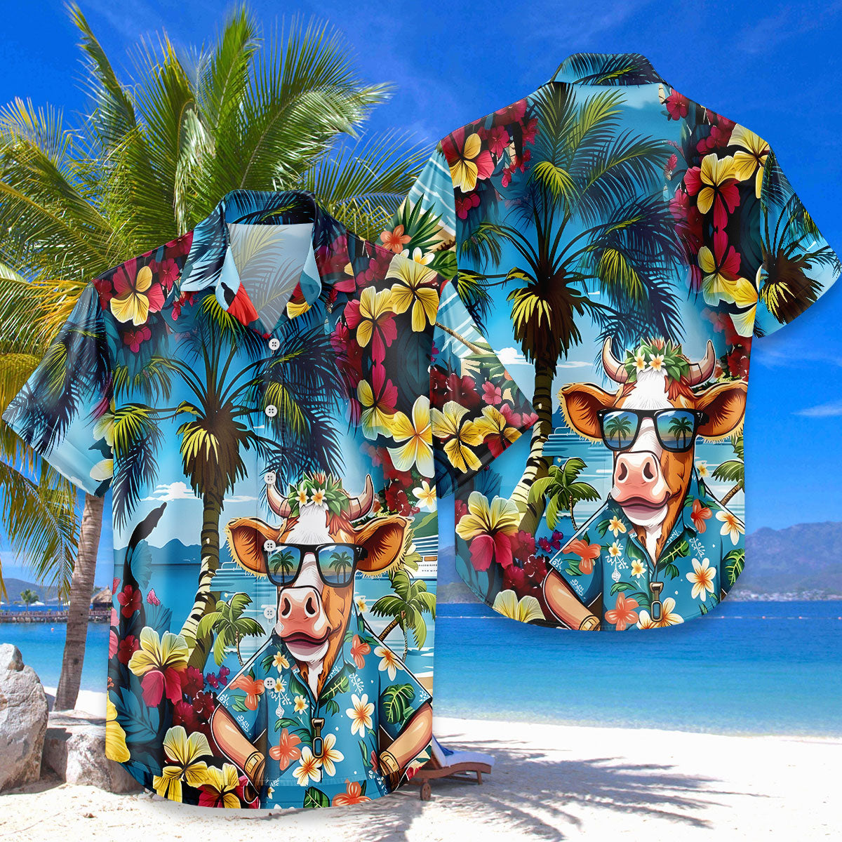 Funny Cow Hawaiian Shirt – Cool Cow Wearing Aloha Shirt Tropical Beach | Cute Cow Lover Gift Men Women
