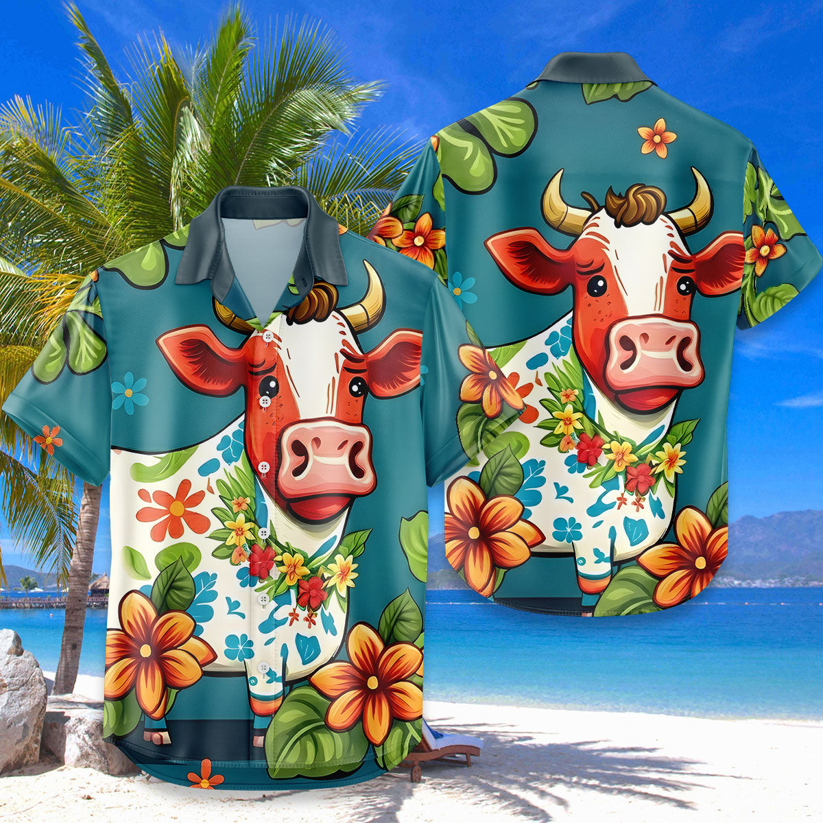 Cute Cow Hawaiian Shirt – Cartoon Tropical Cow Floral Aloha Button Down | Funny Cow Lover Gift Men Women