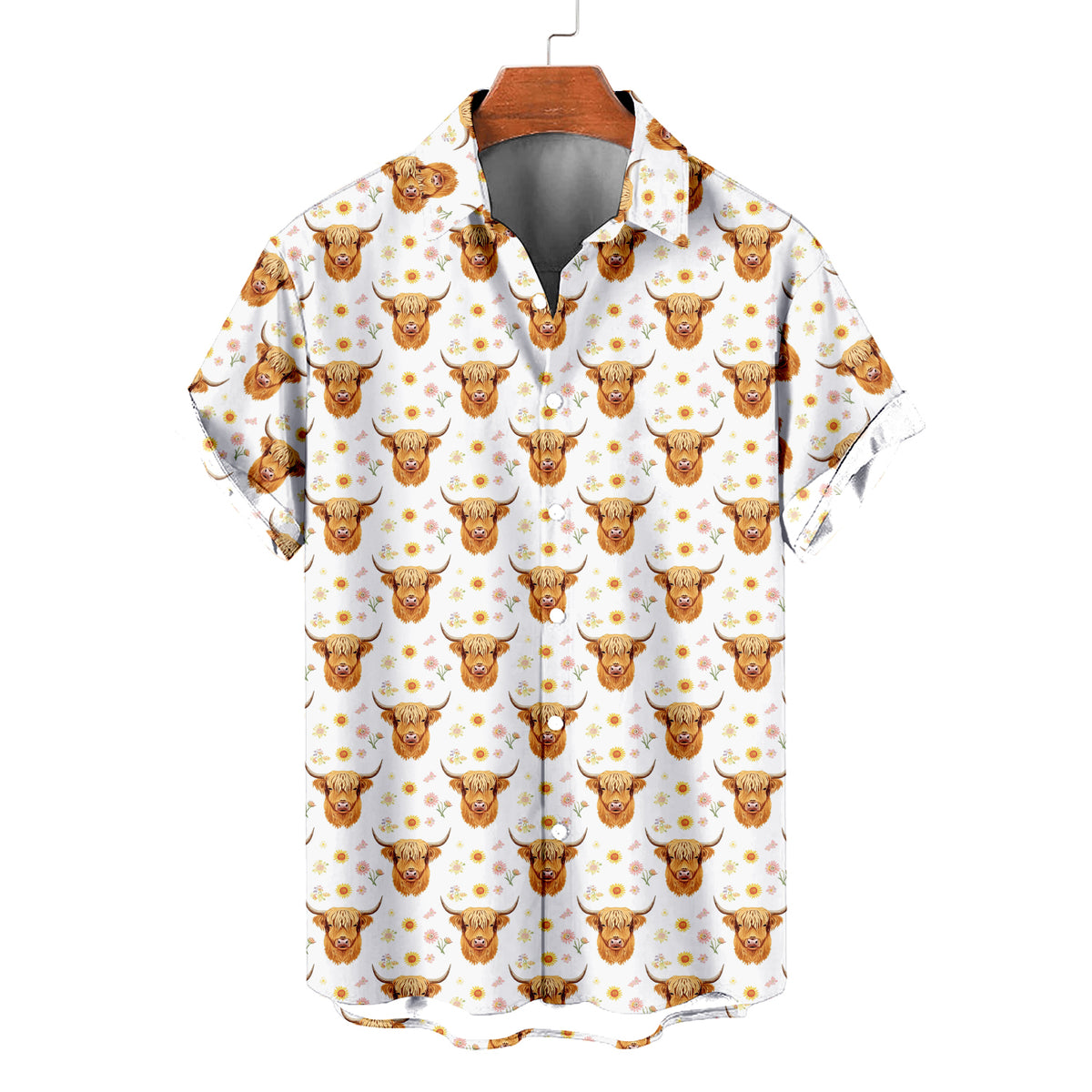 Highland Cow Hawaiian Shirt — Cute Floral Sunflower Pattern | Funny Farm Animal Button Down